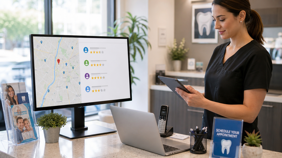 Receptionist reviews patient feedback on a tablet beside a desk with map, stars, laptop, and phone.
