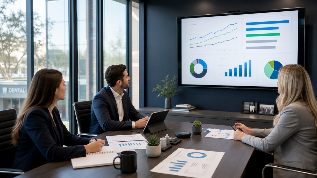 Three team members review charts and a dashboard in a conference room with a blank presentation screen.