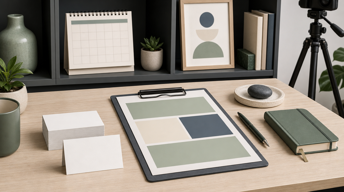 Desktop scene with blank business cards, clipboard, tripod, and shelf symbols of therapy specialization.