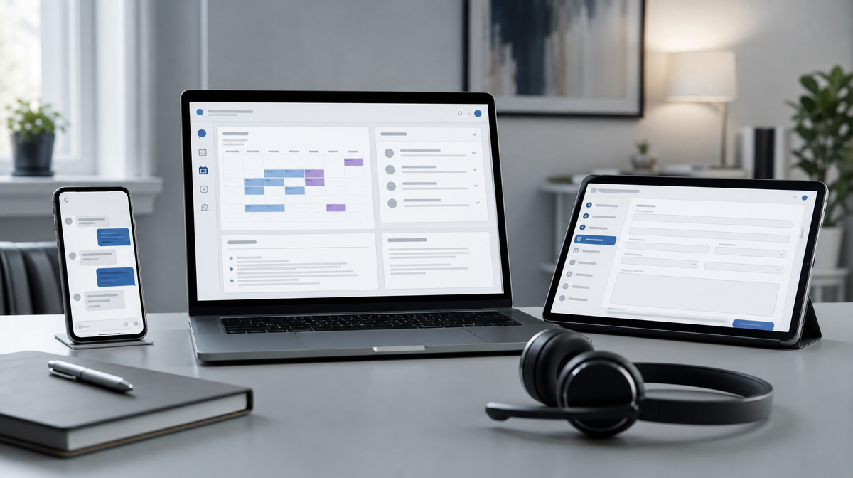 Smartphone, tablet, and laptop show appointment and intake screens on a sleek desk.