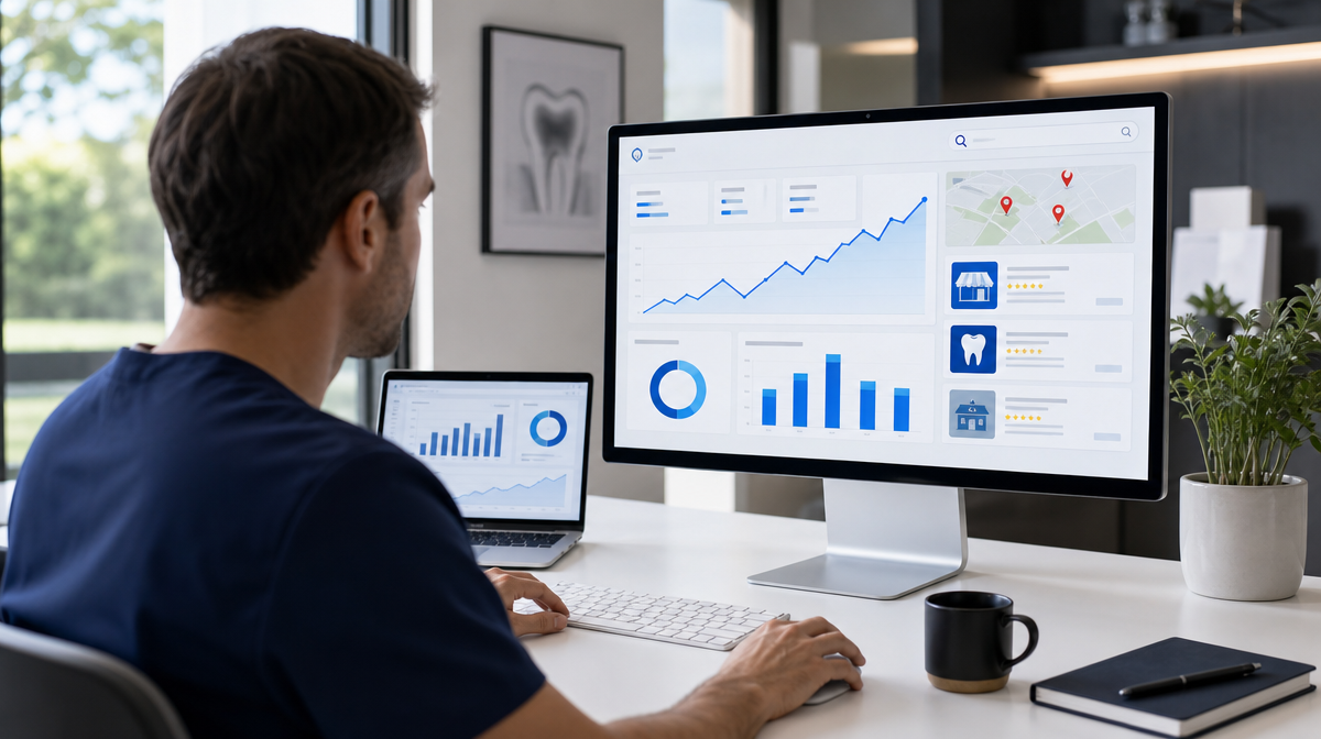 Dentist views a dashboard with rising charts in a bright office, beside a laptop, notebook, and coffee cup.