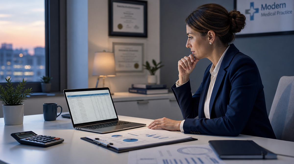 Healthcare administrator reviews budget documents and a spreadsheet at a medical office desk at dusk.