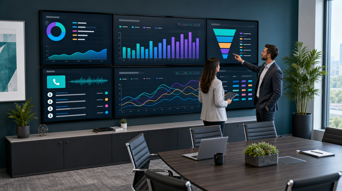 Two professionals discuss marketing dashboard charts and funnel analytics in a conference room.