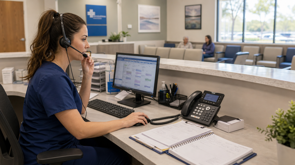 Reception staff answers a ringing phone at a clinic intake desk with a computer and appointment calendar.