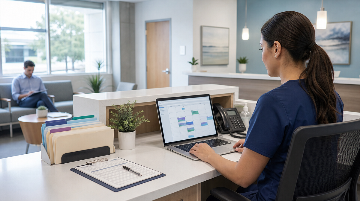 Front-desk staff review a schedule beside a laptop, calendar, clipboard, and patient folders.