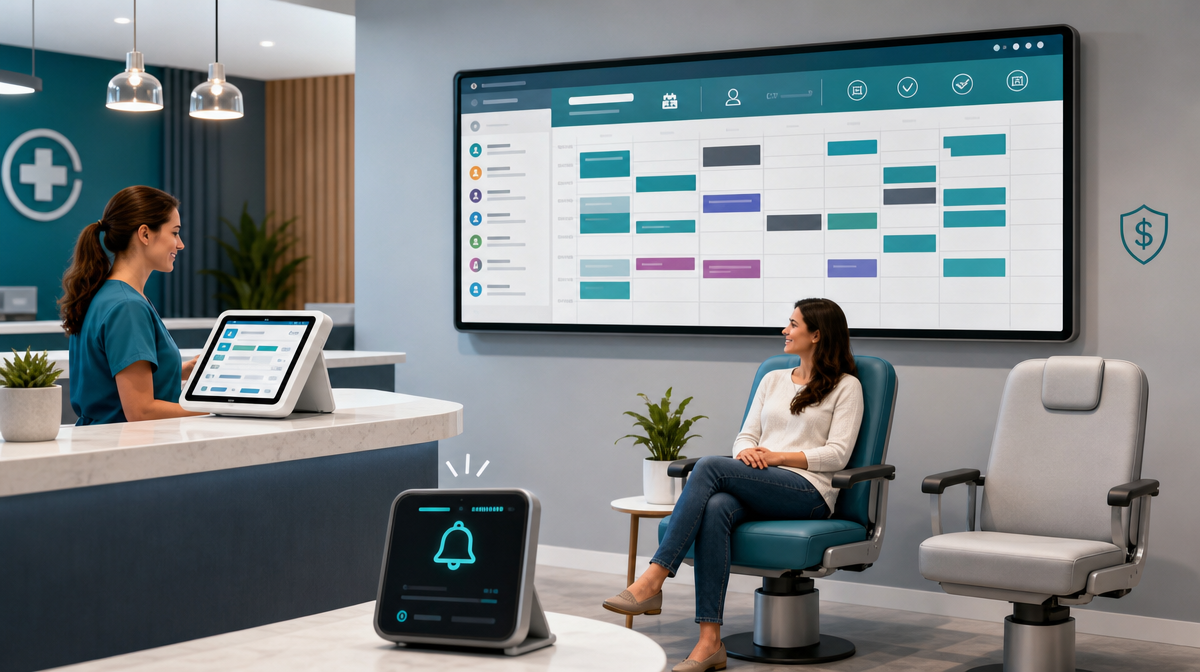 Scheduling board, tablet, and empty chair beside a filled one show no-shows and protected revenue.