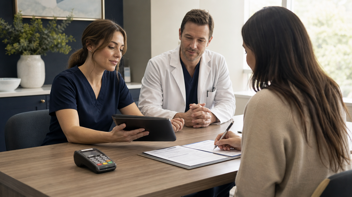 Clinician and staff review signed paperwork and a card terminal with a patient at a clinic table.