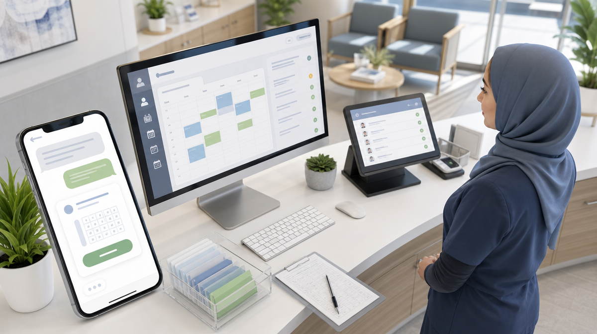 Staff member stands by a smartphone, monitor, and workstation for reminders, rescheduling, and waitlist alerts.