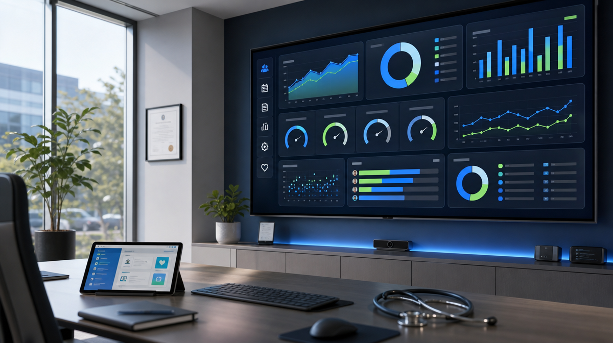 Medical practice KPI dashboard on a wall monitor showing five decision metrics above a front-desk workstation