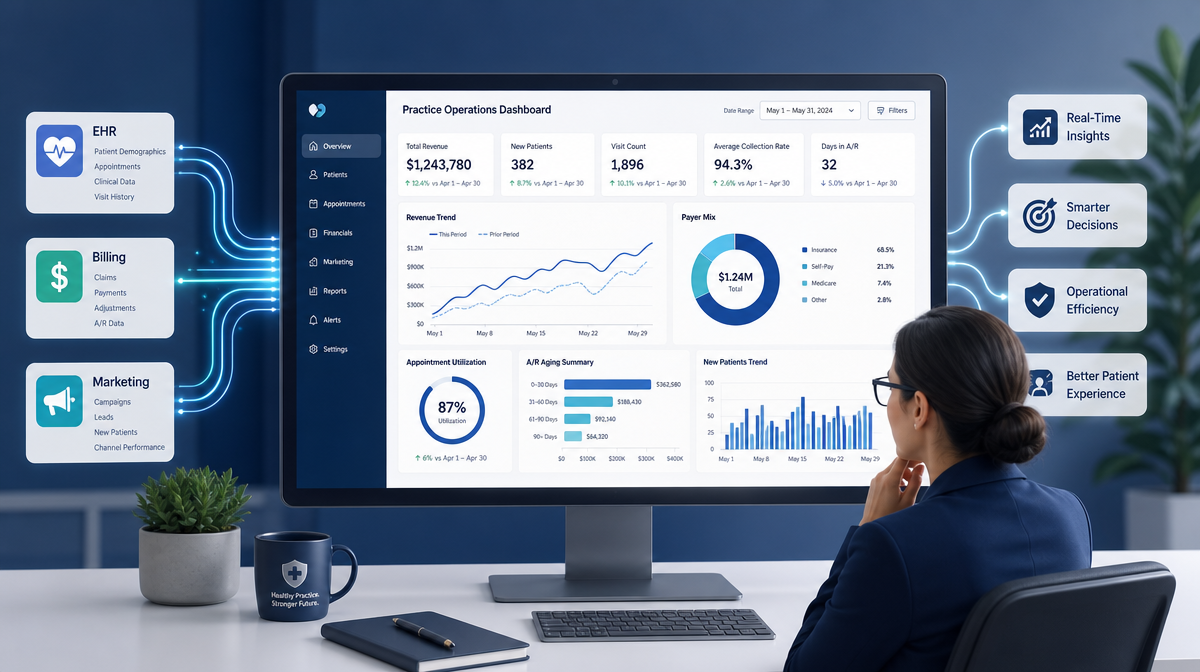 Practice manager reviewing inquiry-to-booked-visit rate and no-show trends on a medical practice KPI dashboard