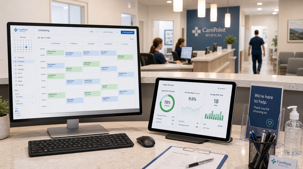 Reception desk with a scheduling screen and tablet showing review recency and return-visit rate on a medical practice KPI dashboard