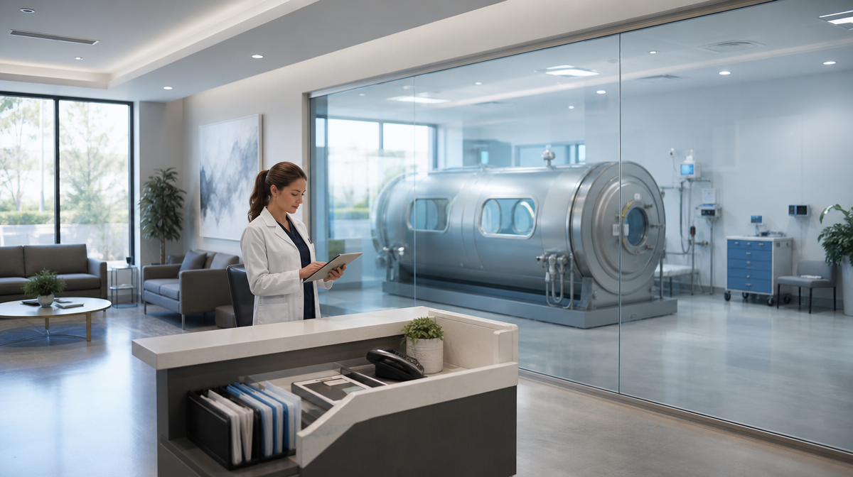 Clinician reviews a tablet beside a hyperbaric chamber visible through glass in a quiet reception area