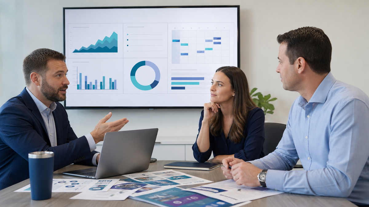 Professionals discuss campaign visuals and laptop charts in a modern conference room