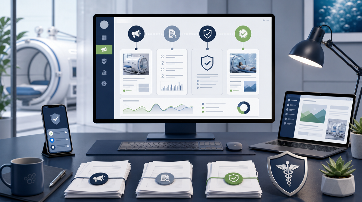 Monitor, laptop, and phone on a desk with a shield motif for a compliant hyperbaric ad workflow