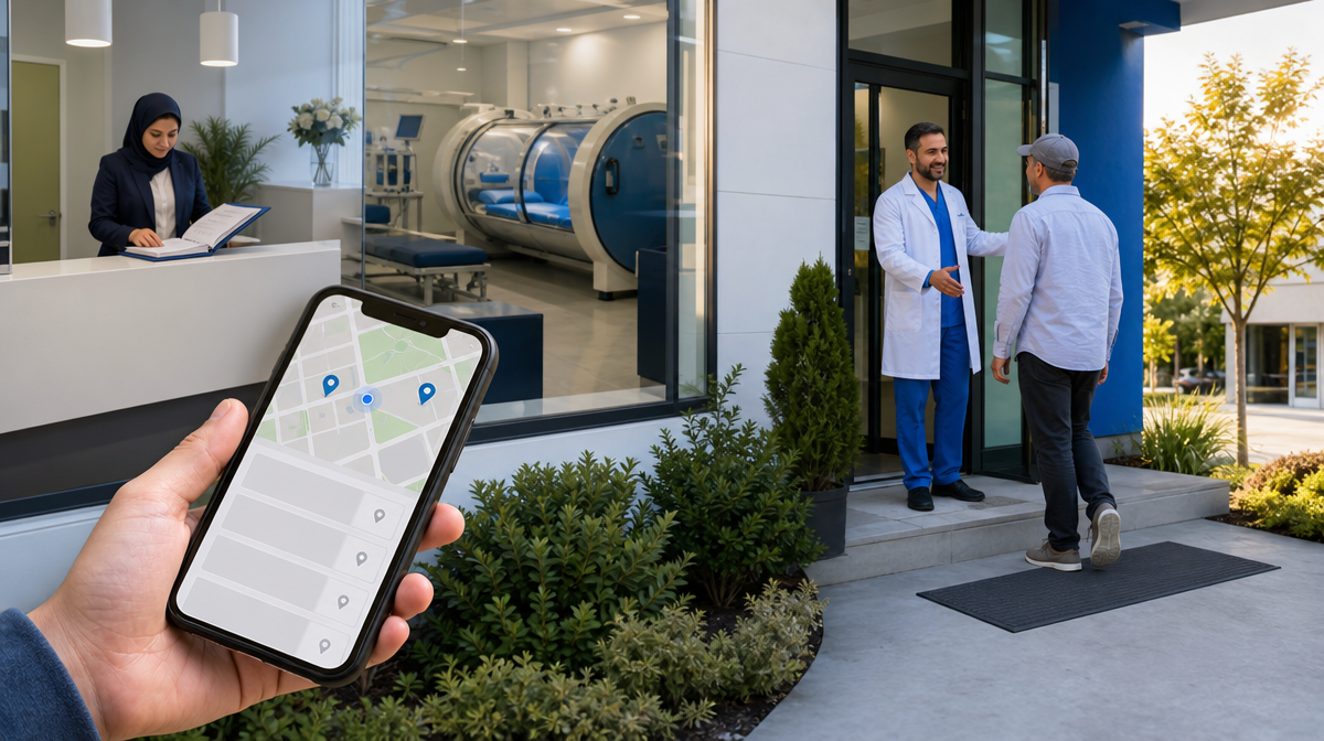 Receptionist updates a directory binder as a doctor greets a patient outside a clinic with a map display