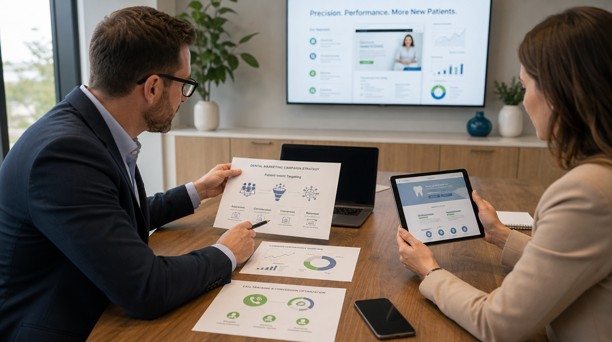 Two professionals review campaign sheets and a tablet at a conference table in a dental marketing meeting.
