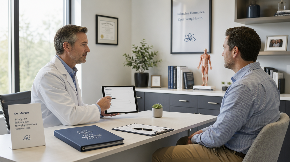 Physician and patient meet at a desk with a tablet, files, and an anatomical model in a bright hormone clinic