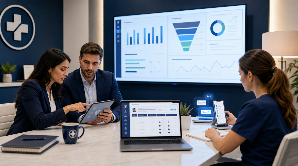 Healthcare team reviews analytics dashboards, CRM data, and automated messages in a modern office