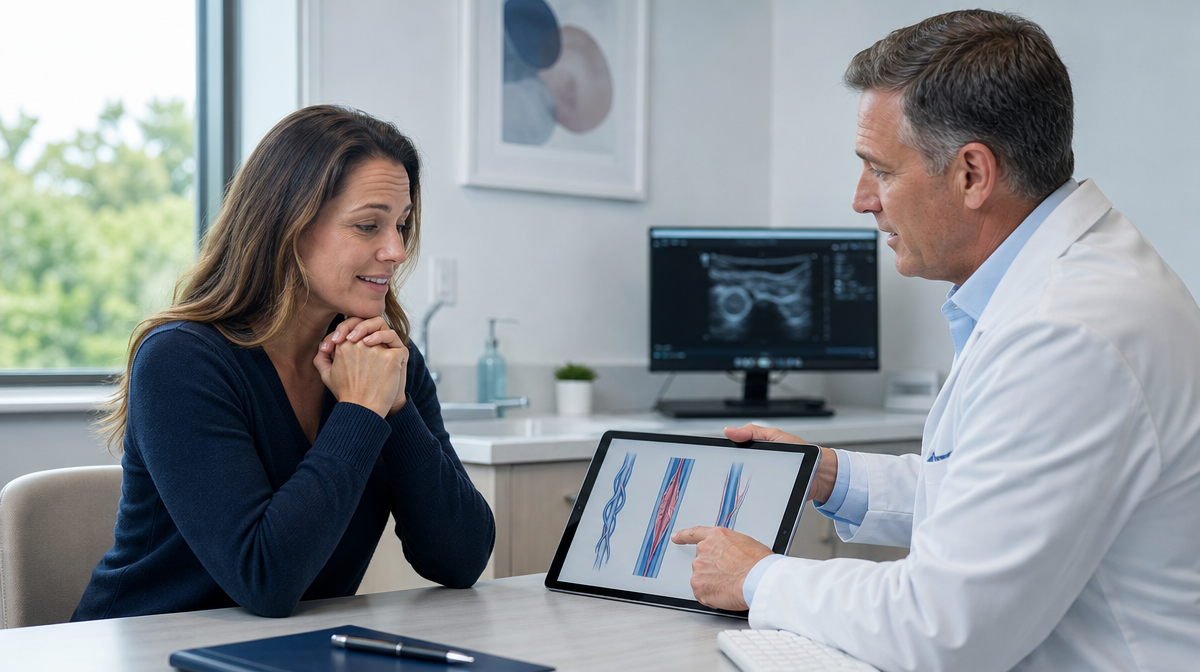 Vein specialist talks with a concerned patient at a desk in a bright exam room, pointing to a tablet diagram