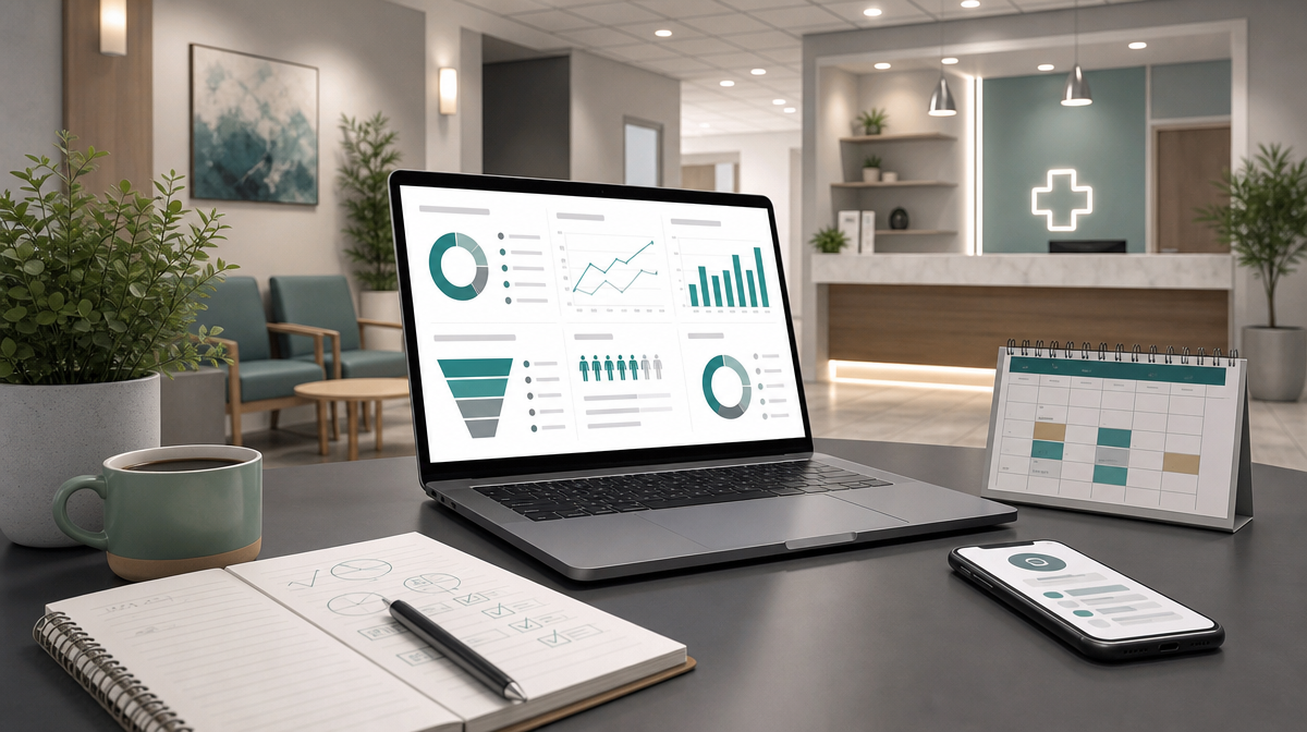 Desk with laptop charts, phone, notebook, calendar, and coffee cup in a clinic office with a blurred reception behind