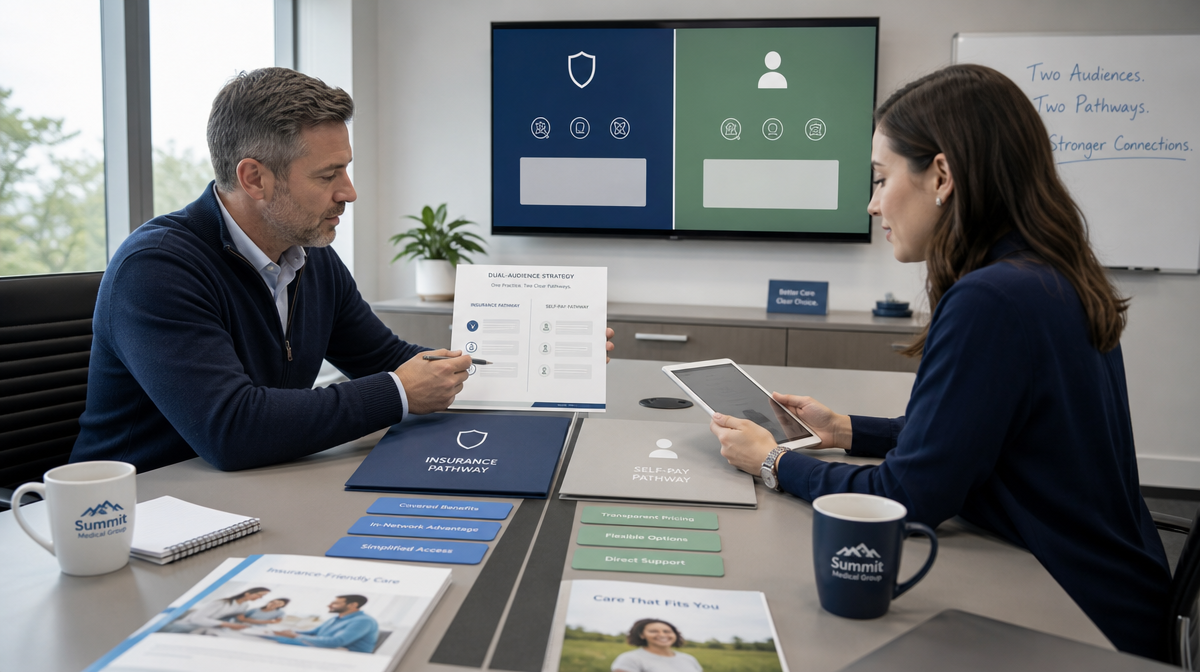 Two staff members review folders and a tablet at a conference table, showing split marketing paths for clinic patients