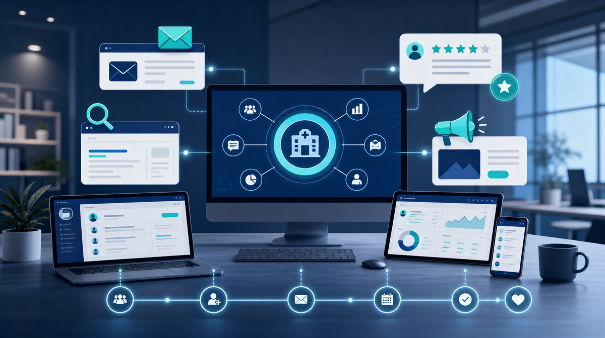 Central monitor links email, search, review, and ad tools across a desk in a streamlined clinic marketing workflow