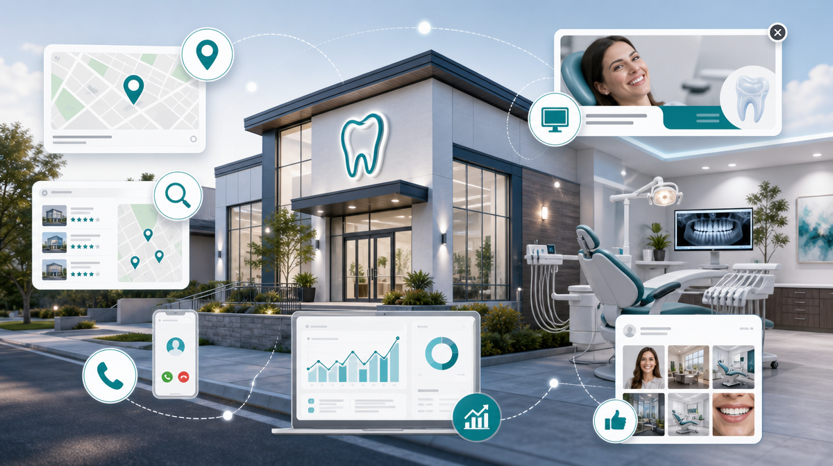 Clinic exterior linked to search pins, calls, and banners, showing a dental practice marketing network.