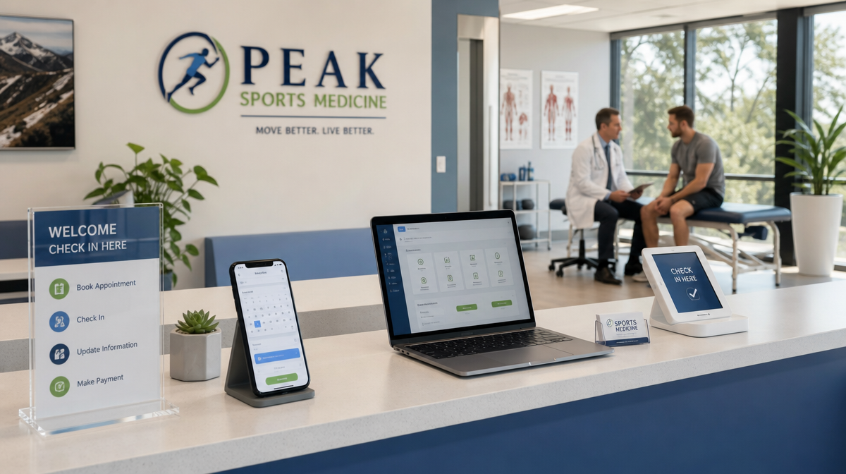 Sports medicine clinic reception with a check-in counter, laptop, and clinician meeting a patient in back