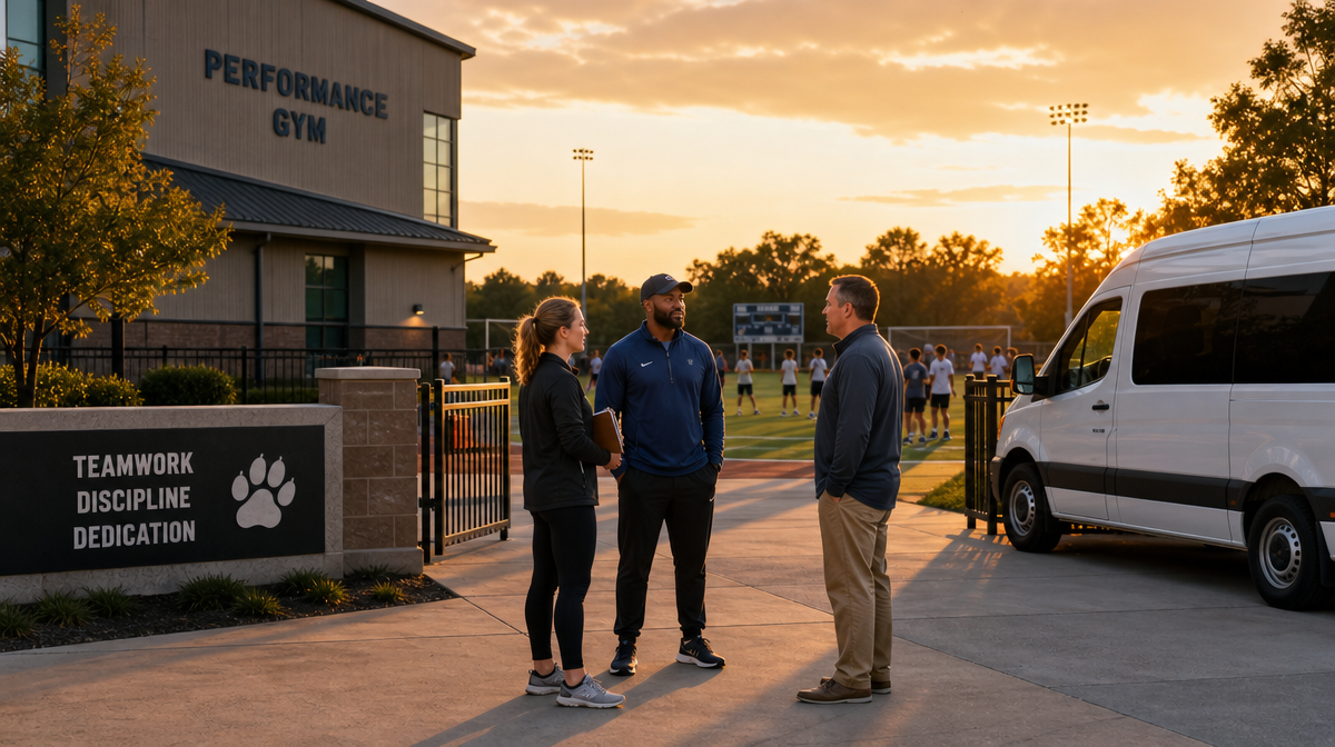 Trainer, coach, and clinic representative talking near a youth sports field at sunset