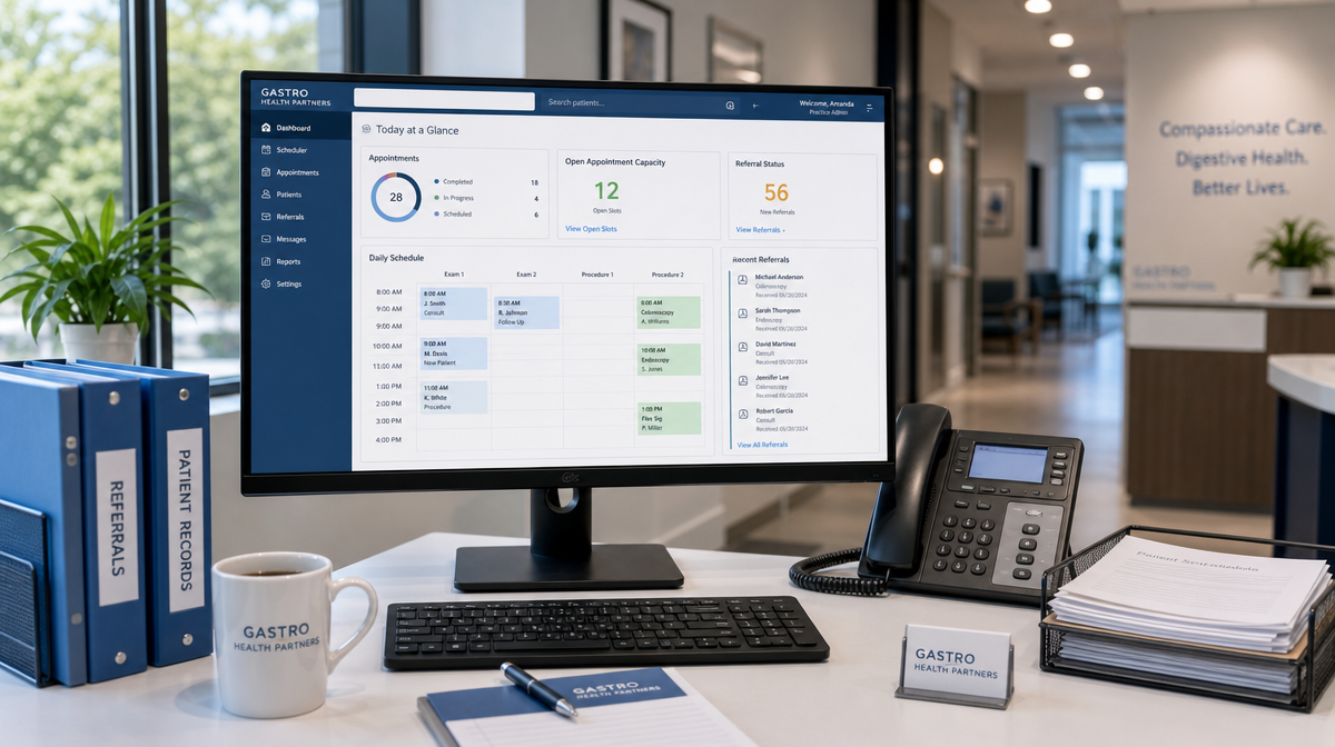 Clinic desk with scheduling dashboards, calendars, referral folders, and a phone in a gastroenterology office.