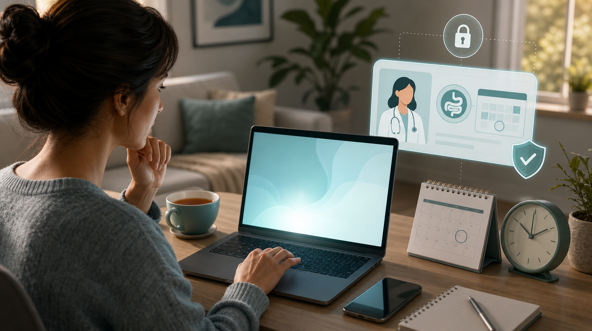 Patient at home using a laptop to search for GI care, with a tea cup, phone, calendar, and clock nearby.