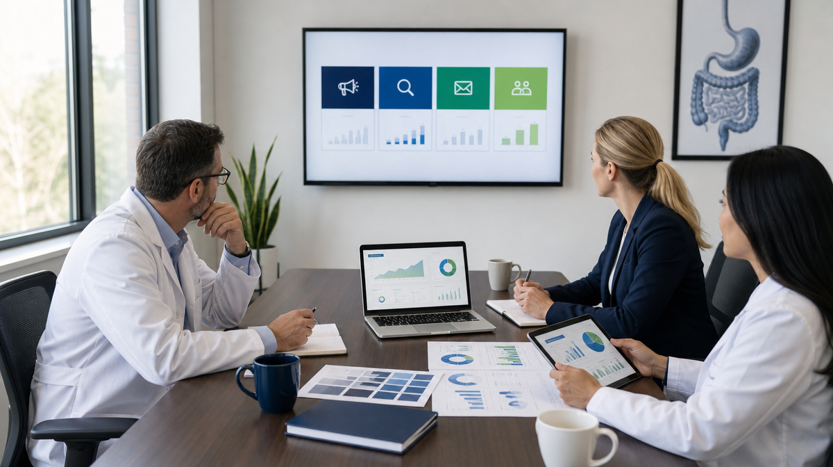 Clinicians and marketers review charts and analytics in a conference room during gastroenterology marketing planning.