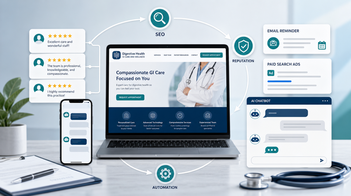 Laptop, phone, review cards, ad tiles, and chatbot bubbles show a GI practice's digital marketing workflow.