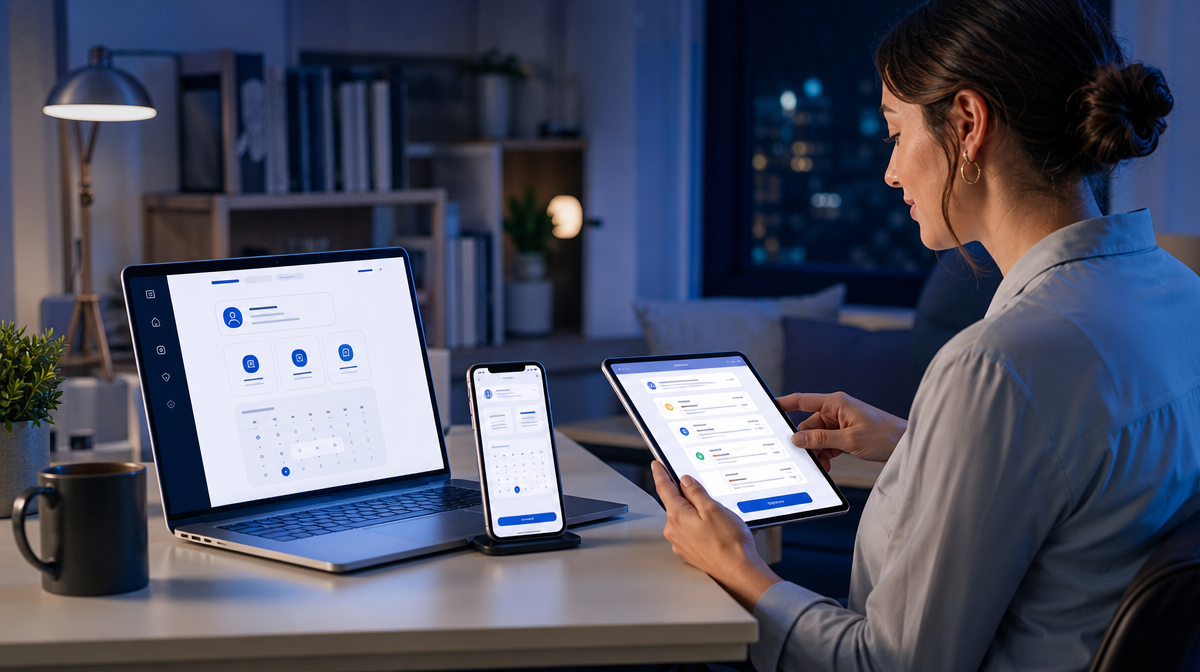 Clinician laptop and phone show virtual care scheduling as a patient reviews options on a tablet