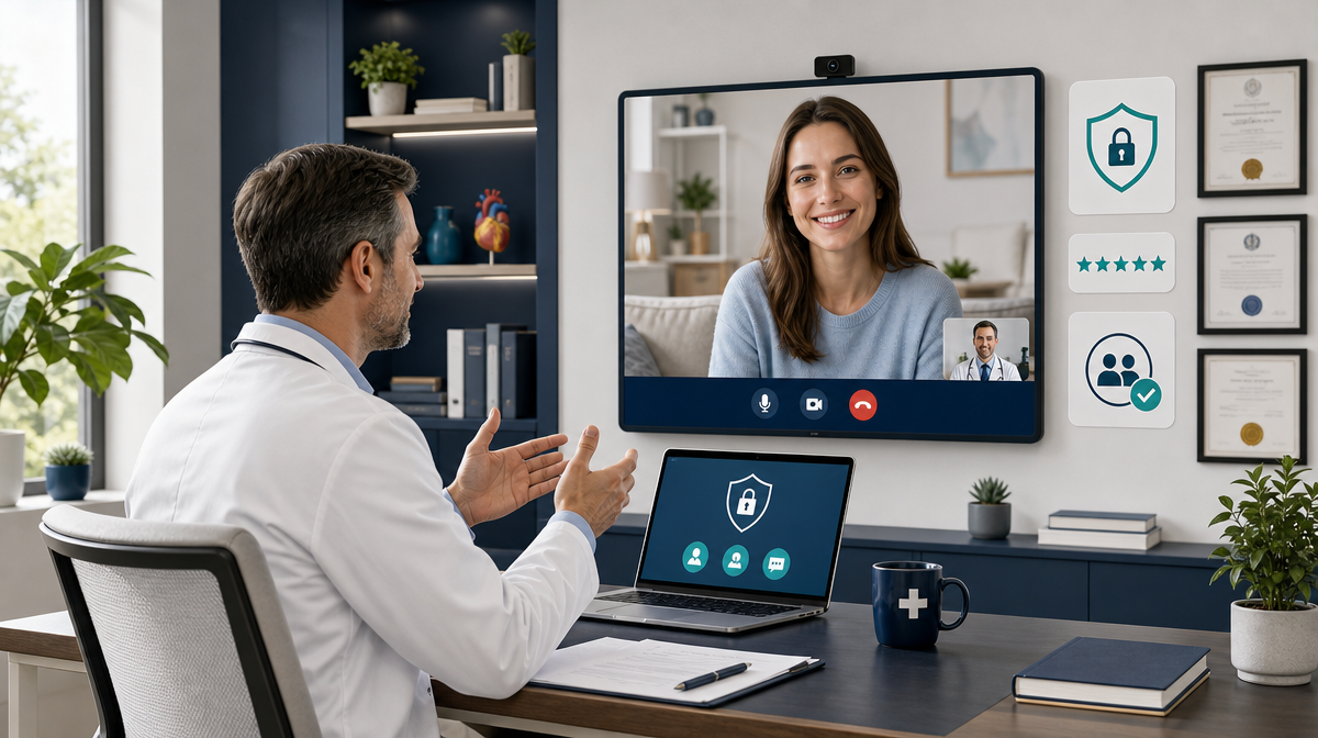 Clinician and patient connect on a wall video screen, with certificates and security icons nearby