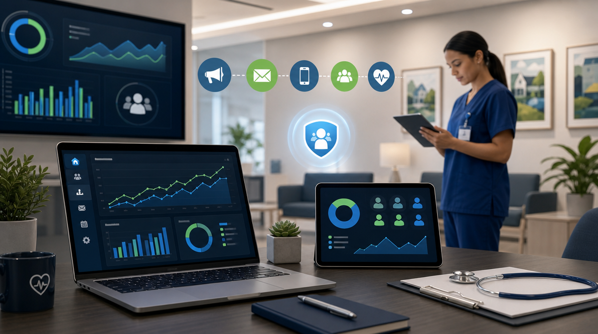 Laptop analytics dashboard tracks telehealth marketing growth while a team member reviews outreach on a tablet