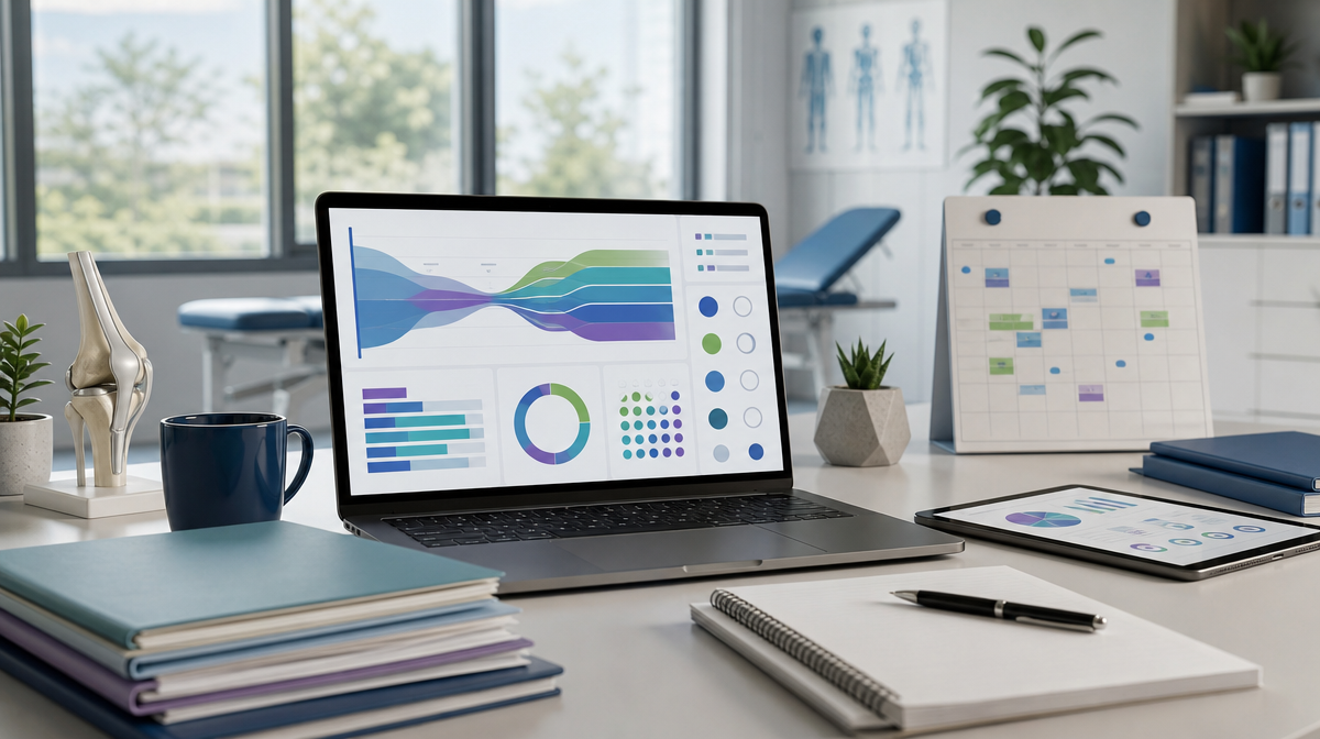 Clinic dashboard on a laptop beside a calendar, tablet, and patient folders on a modern desk