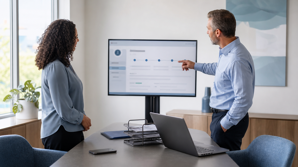 Two clinicians review a digital referral portal in a bright medical office