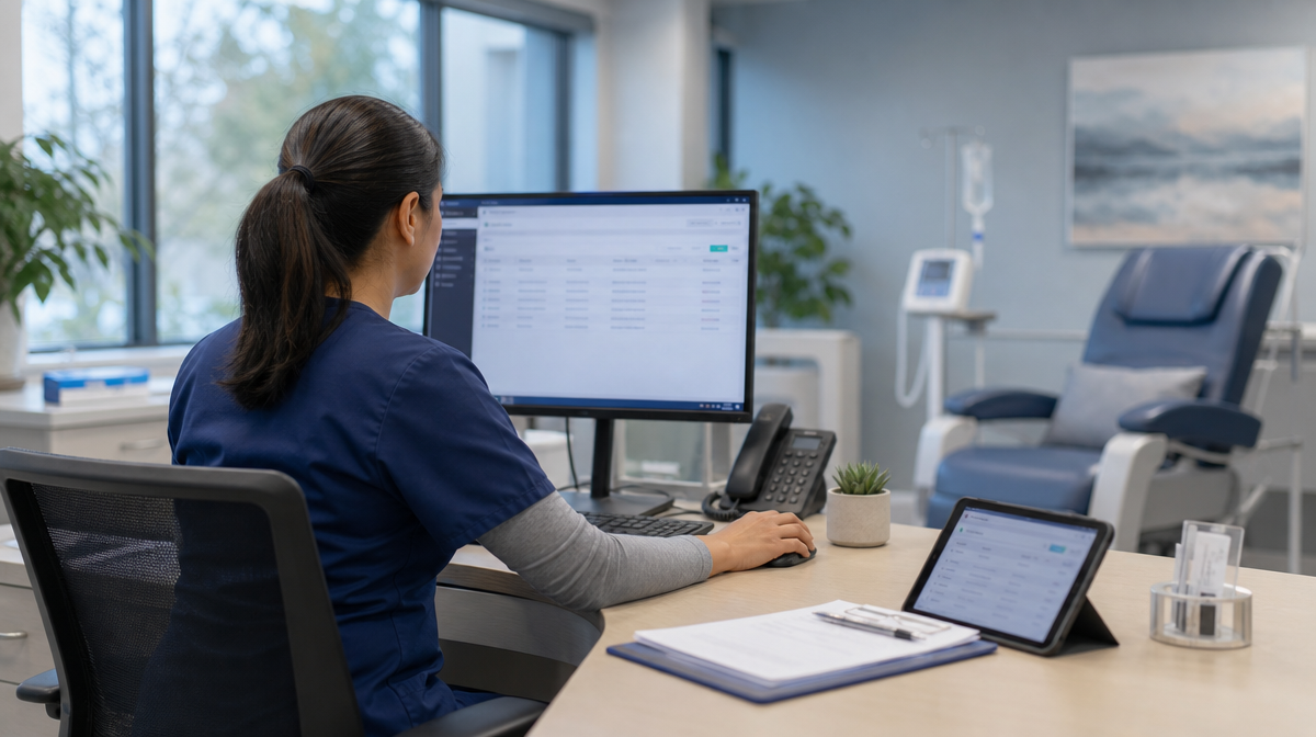 A nurse sends patient reminders at a clinic computer beside a tablet and infusion chair