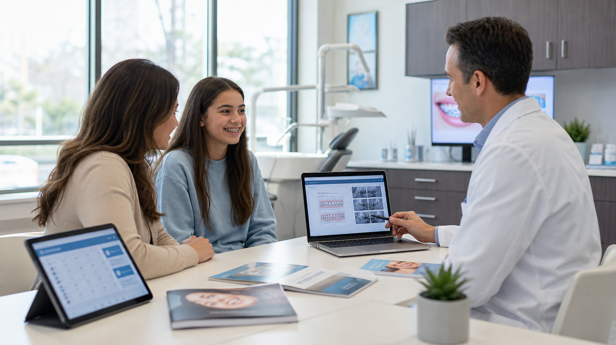 Parent reviews orthodontic treatment options with a teen and doctor at a clinic desk