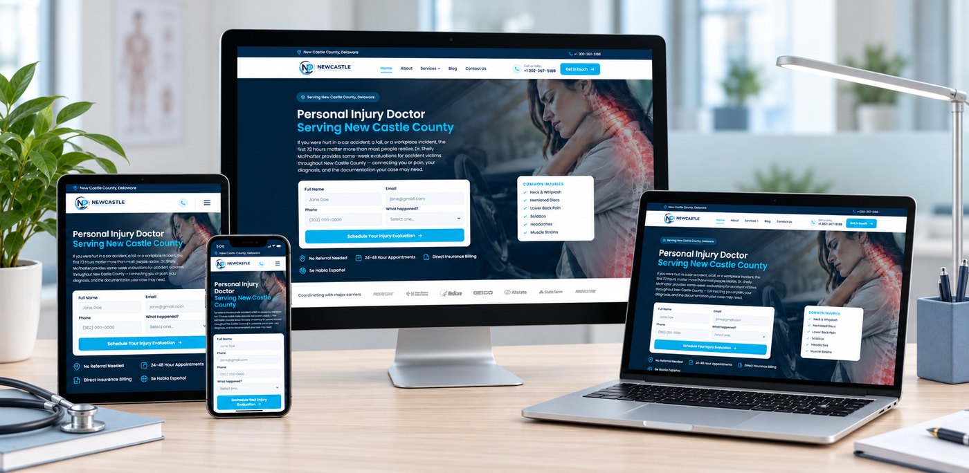 New Castle Personal Injury Doctor website shown on desktop, laptop, tablet, and phone, designed by Target Patients MD
