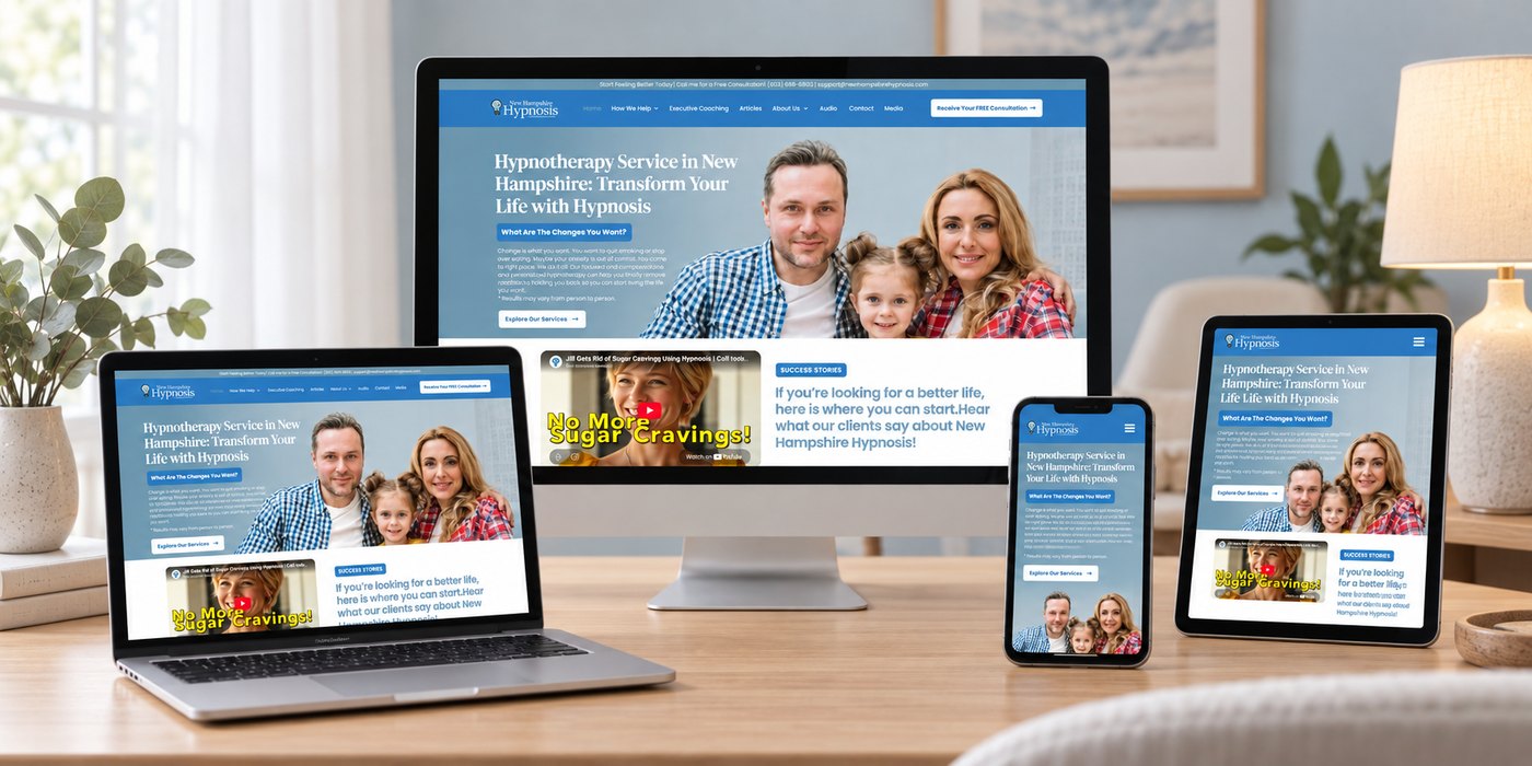 New Hampshire Hypnosis website shown on desktop, laptop, tablet, and phone, designed by Target Patients MD
