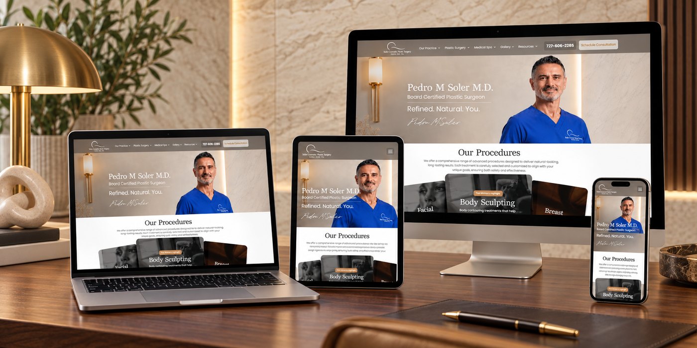 Soler Cosmetic Plastic Surgery website shown on desktop, laptop, tablet, and phone, designed by Target Patients MD