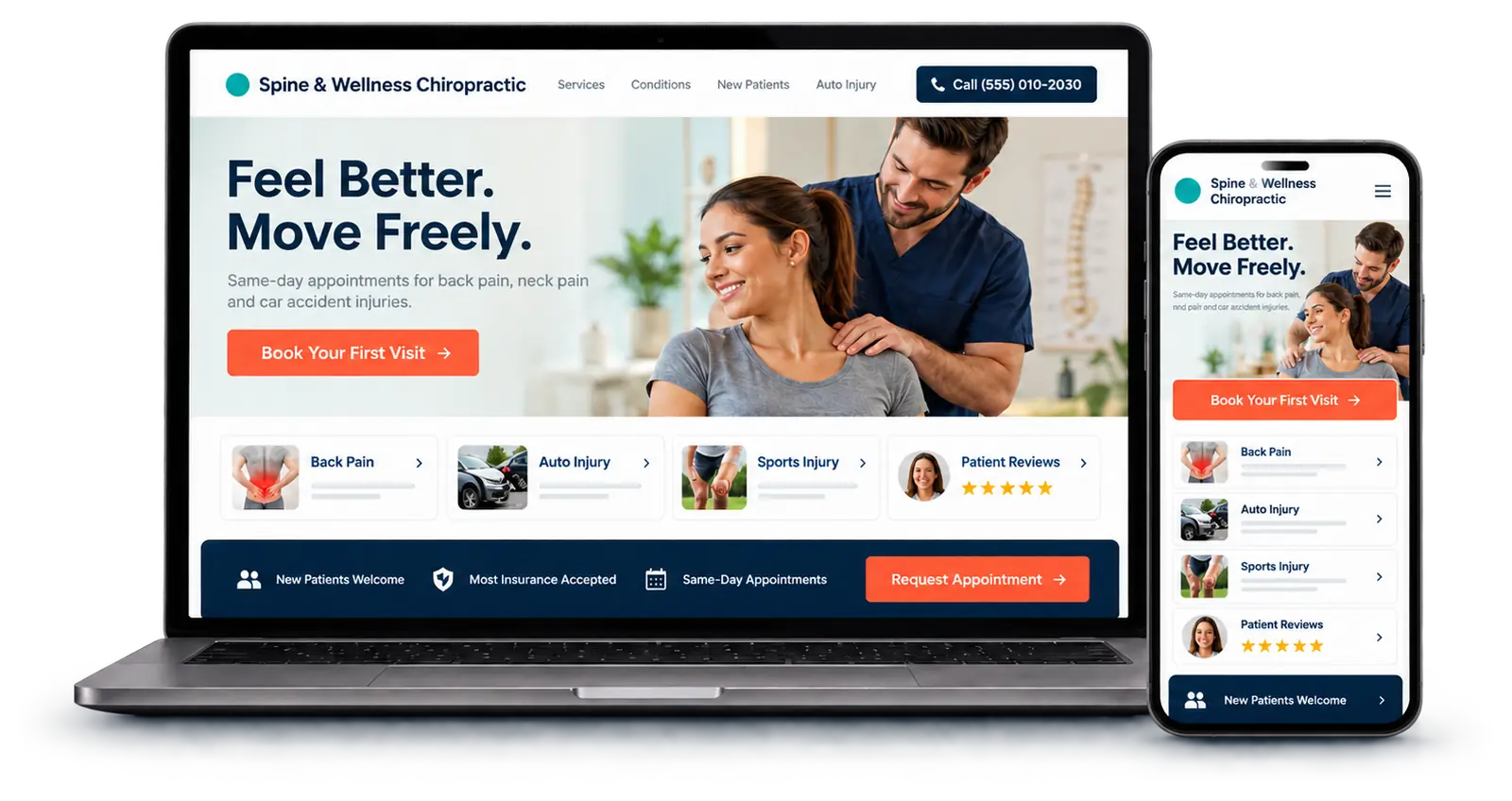 Chiropractic website design shown on a laptop and phone