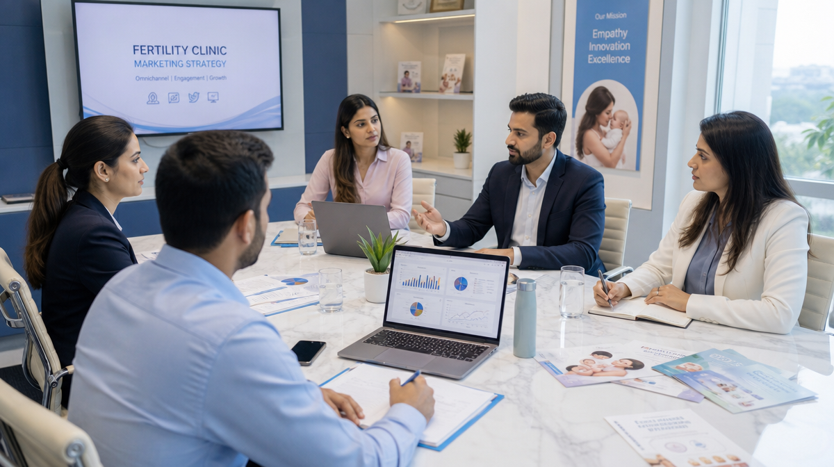 Team reviews analytics on a conference table in a fertility clinic marketing meeting