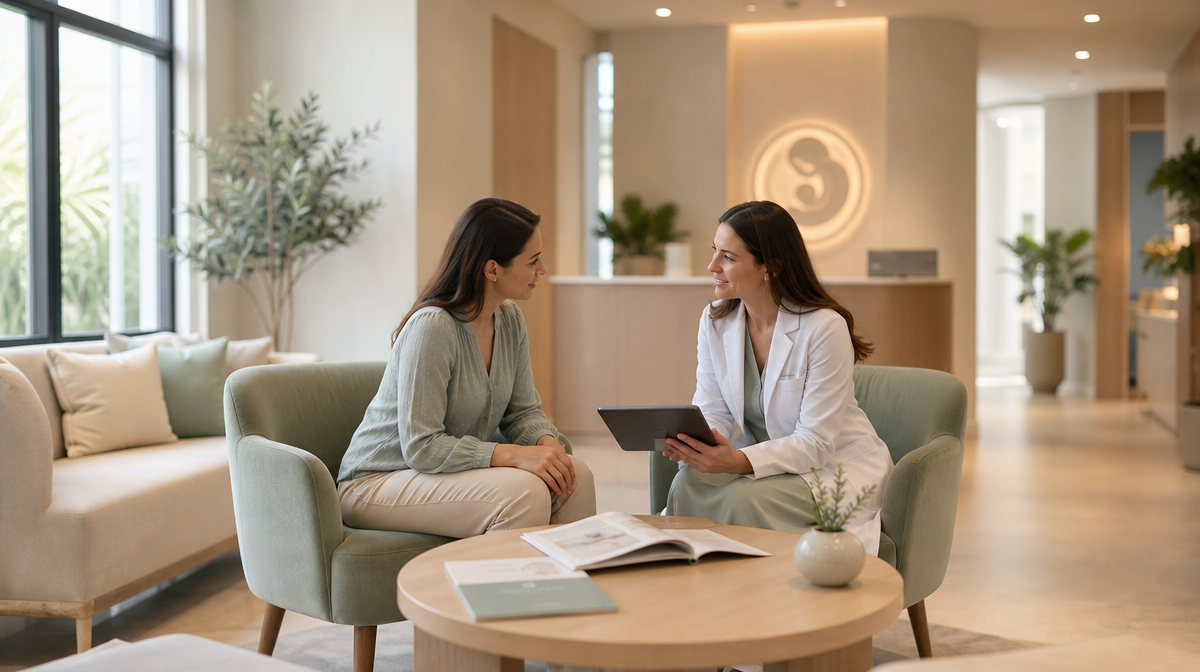 Patient and clinician review a tablet and papers in a fertility clinic consultation room