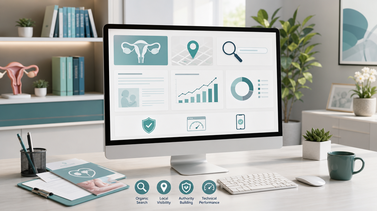 Desk with search, location, and chart visuals in a fertility clinic SEO workspace