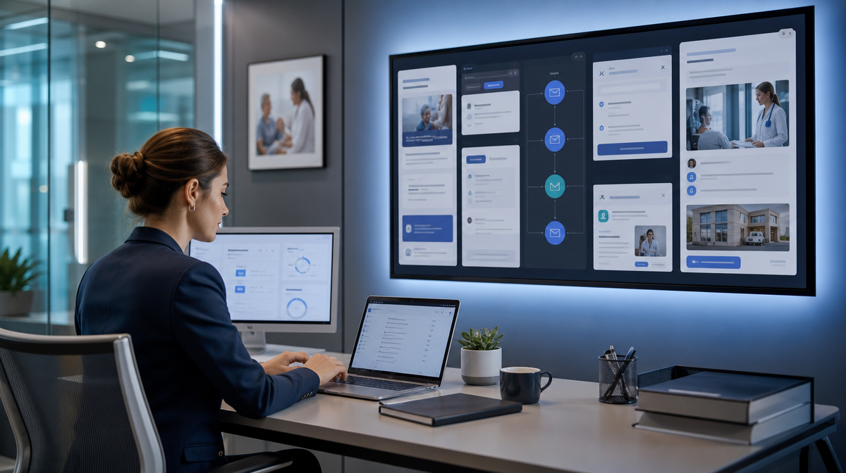 Marketer works at a laptop beside a wall dashboard for email and retargeting campaigns