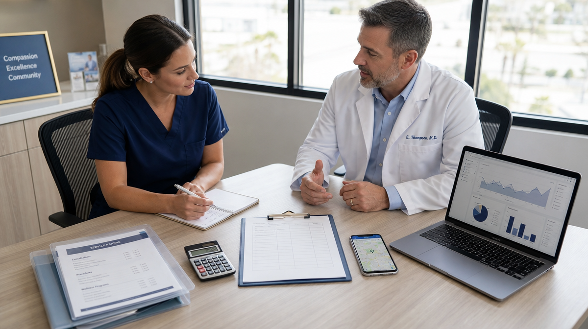 Clinicians review charts, pricing folders, map, and analytics on a desk in a modern medical office.