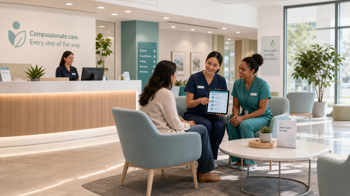 Nurse and coordinator discuss a care plan with a seated patient at a bright clinic reception desk.